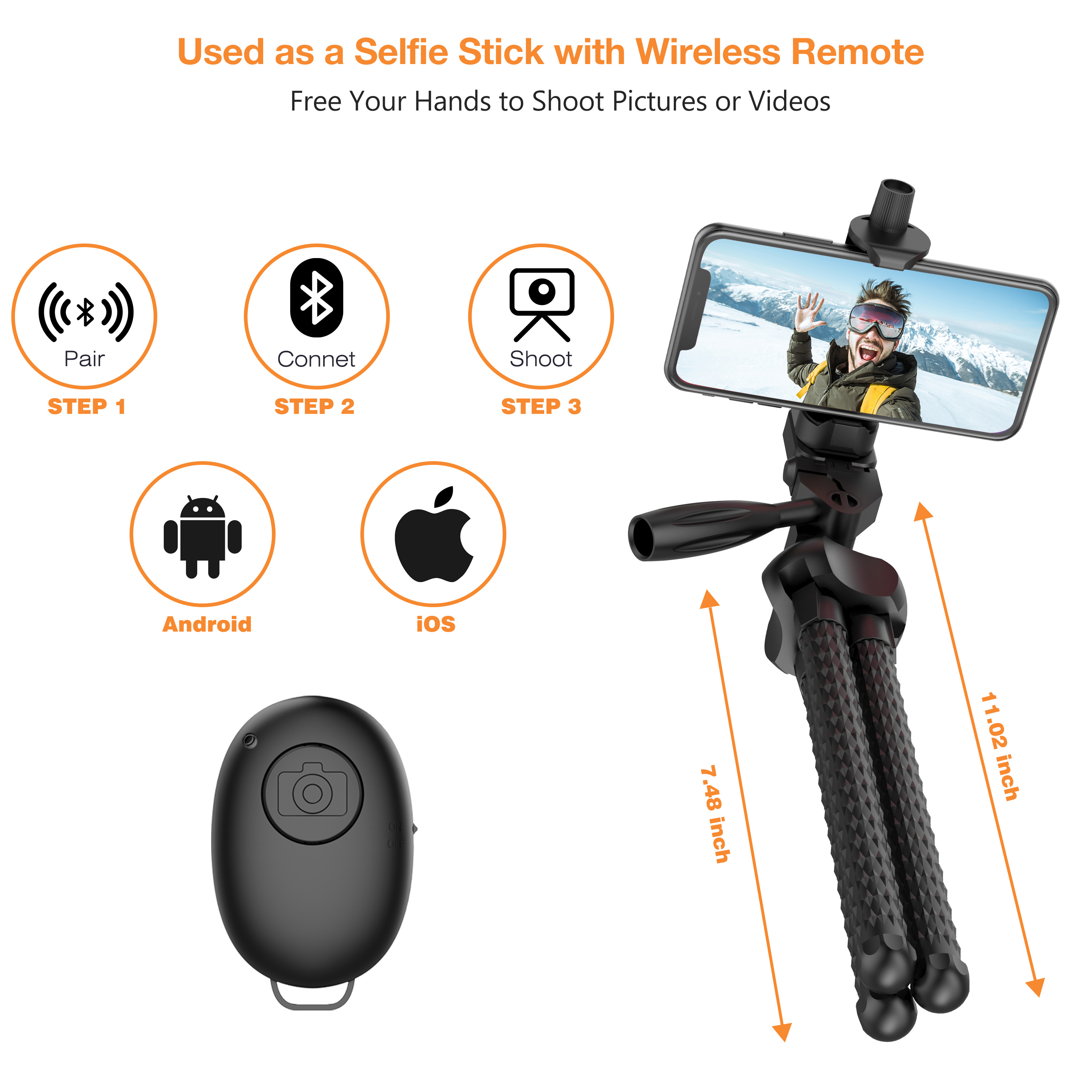 Phone Tripod, Portable Cell Phone Camera Tripod Stand with Wireless Remote, Flexible Tripod Stand for Selfies/Vlogging/Streaming/Photography Compatible with All Cell Phone, Sports Camera GoPro  
