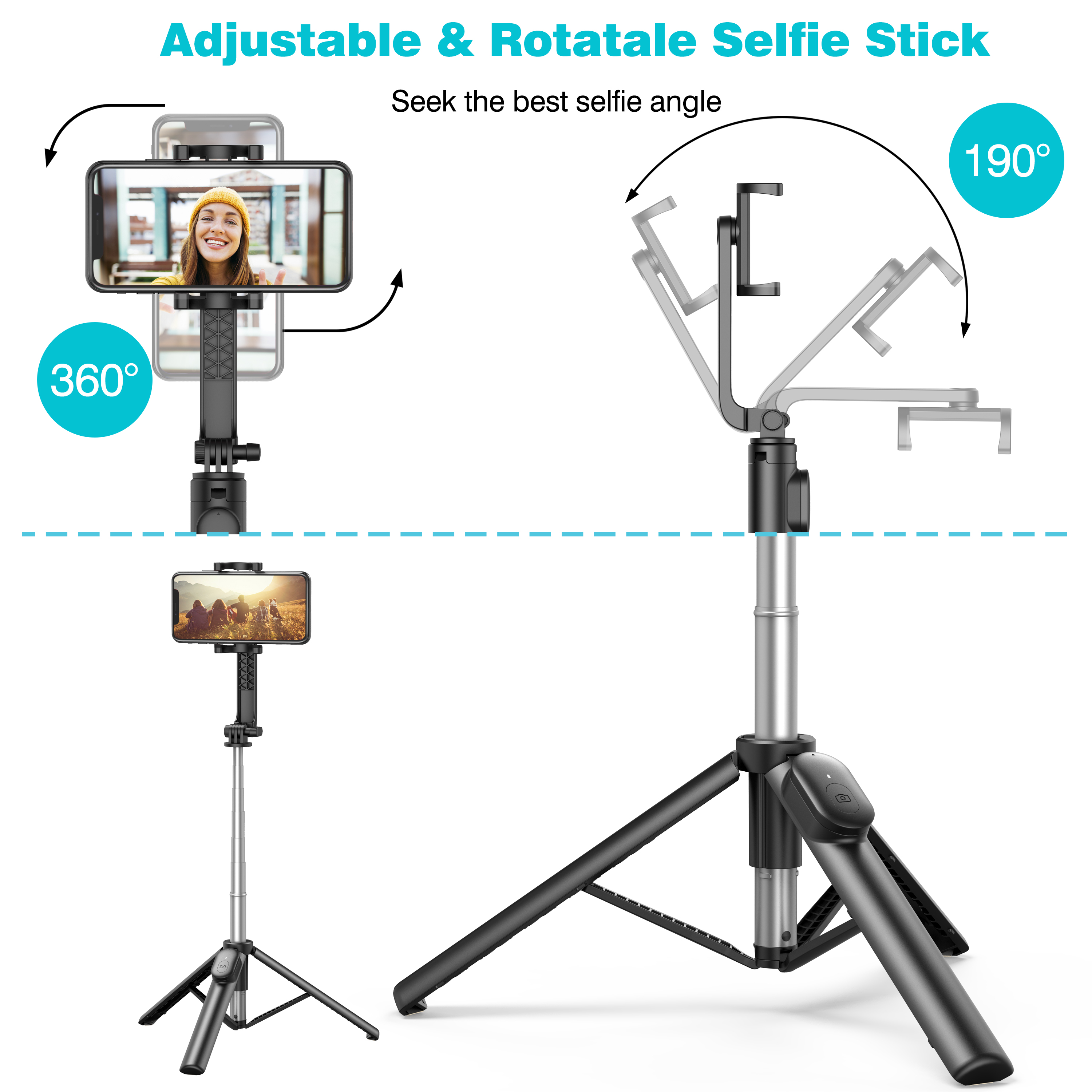  Selfie Stick, Extendable Selfie Stick Tripod with Detachable Wireless Remote and Tripod Stand Selfie Stick Compatible with All Cell Phone, Compact Size & Lightweigh  
